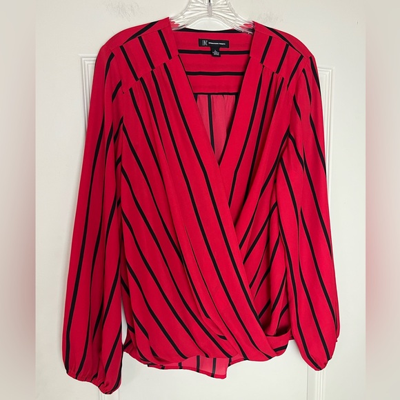 INC International Concepts Tops - INC Designer Red & Black Striped Wrap Blouse Women’s Size Large